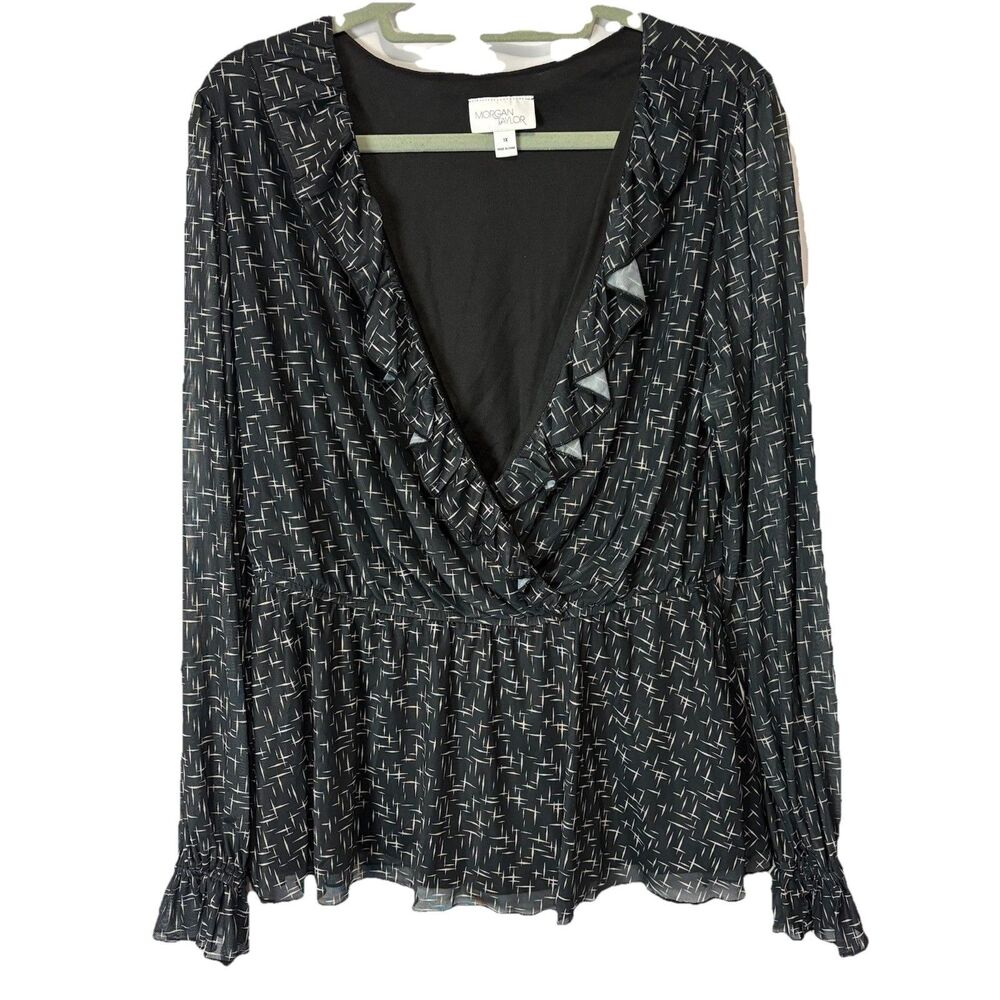 Morgan Taylor Womens 1X Mesh Wrap Top Sheer Black Geometric Print Sheet Romantic